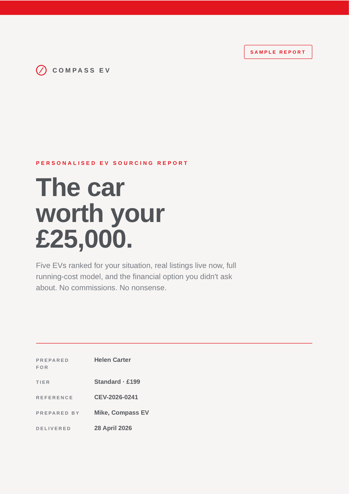 Sample Compass EV buyer report — cover page